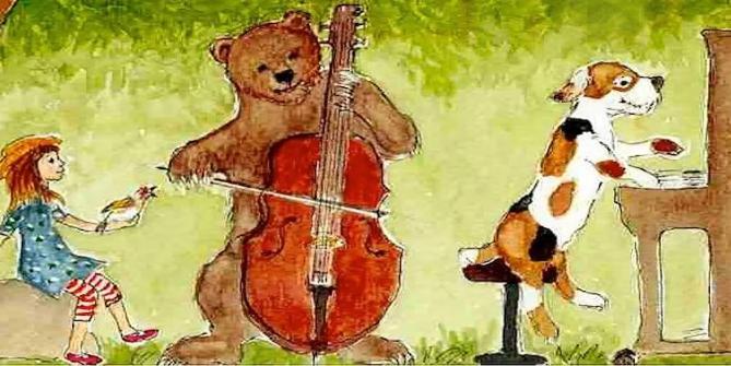 Aquarelierte Illustration eines Mädchens mit Vogel auf der Hand, einem Bären der Cello spielt und einem Hund der Klavier spielt.